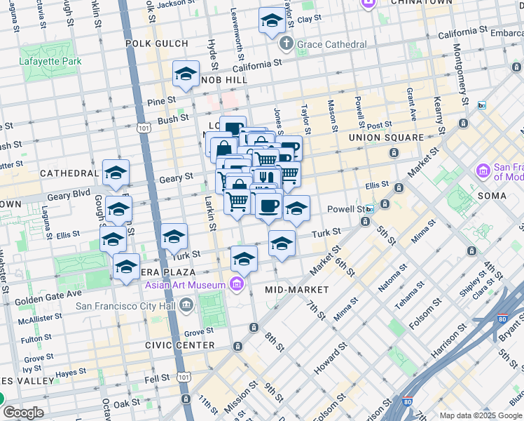 map of restaurants, bars, coffee shops, grocery stores, and more near in San Francisco