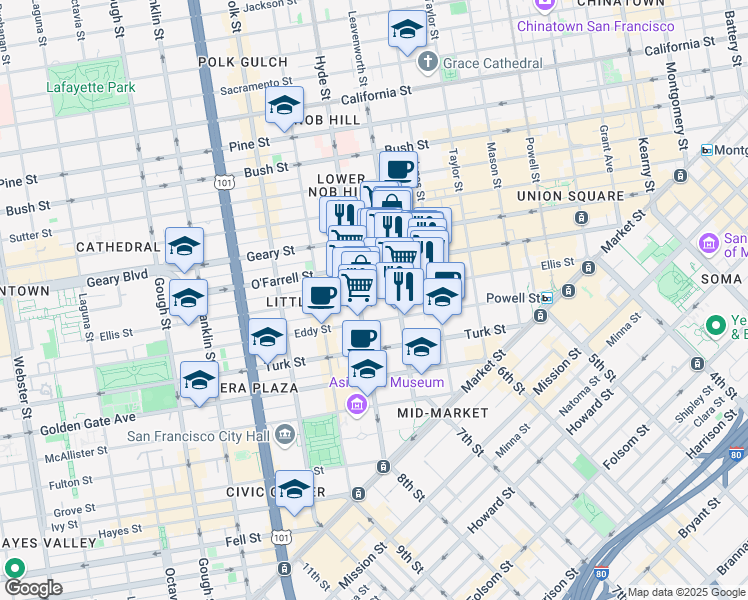 map of restaurants, bars, coffee shops, grocery stores, and more near in San Francisco