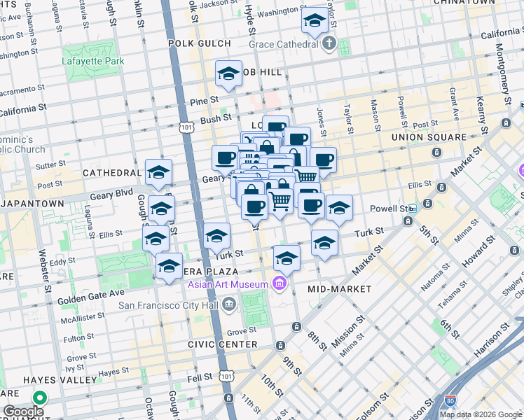 map of restaurants, bars, coffee shops, grocery stores, and more near 455 Hyde Street in San Francisco