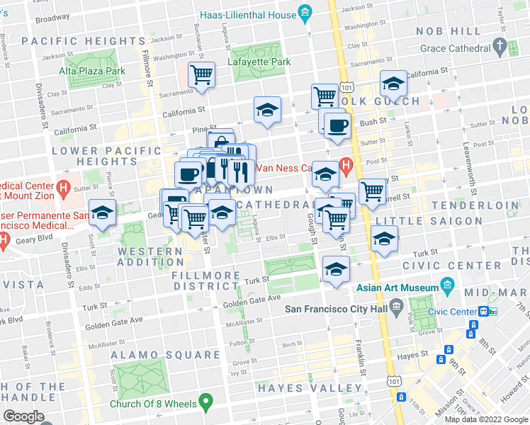map of restaurants, bars, coffee shops, grocery stores, and more near 1450 Laguna Street in San Francisco