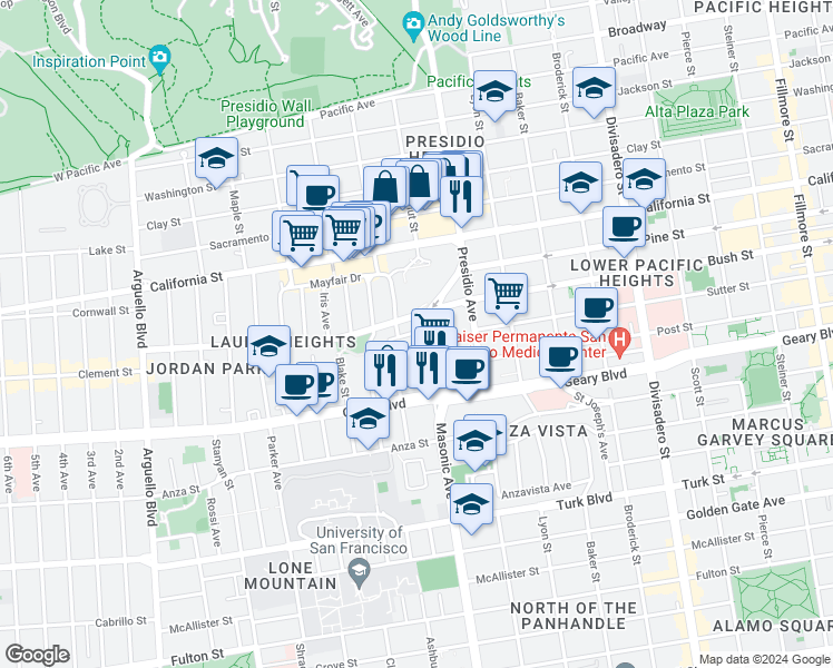 map of restaurants, bars, coffee shops, grocery stores, and more near 59 Lupine Avenue in San Francisco