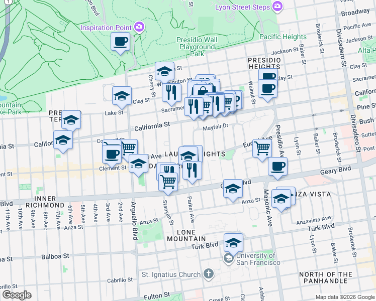 map of restaurants, bars, coffee shops, grocery stores, and more near 561 Spruce Street in San Francisco