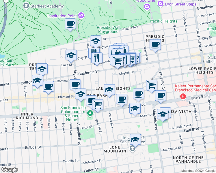 map of restaurants, bars, coffee shops, grocery stores, and more near 561 Spruce Street in San Francisco