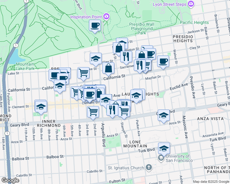 map of restaurants, bars, coffee shops, grocery stores, and more near 47 Jordan Avenue in San Francisco