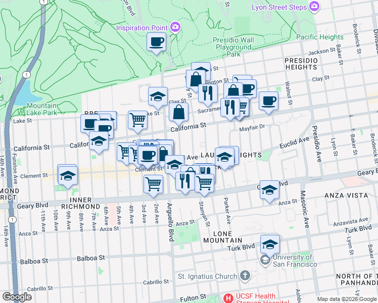 map of restaurants, bars, coffee shops, grocery stores, and more near 47 Jordan Avenue in San Francisco