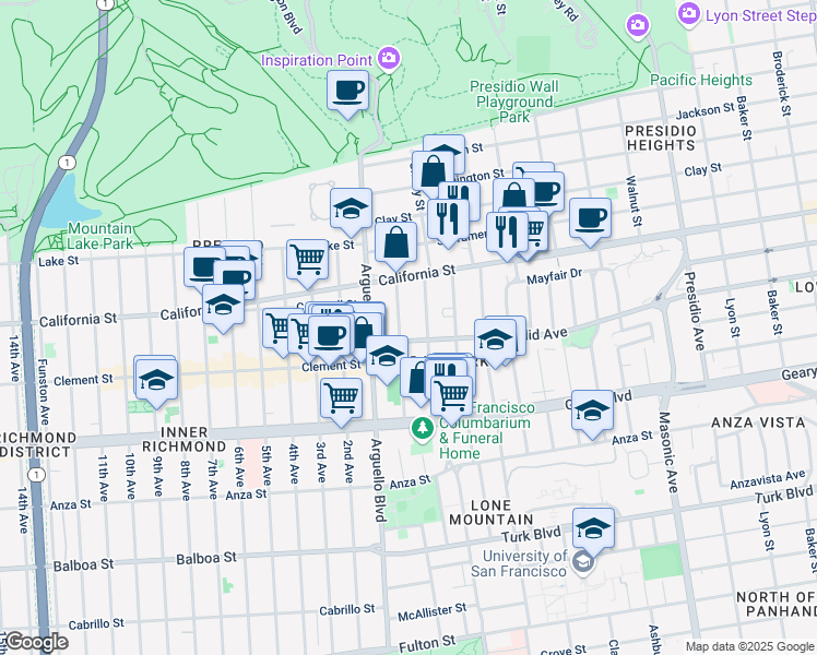 map of restaurants, bars, coffee shops, grocery stores, and more near 47 Jordan Avenue in San Francisco