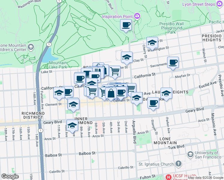 map of restaurants, bars, coffee shops, grocery stores, and more near 4101 California Street in San Francisco