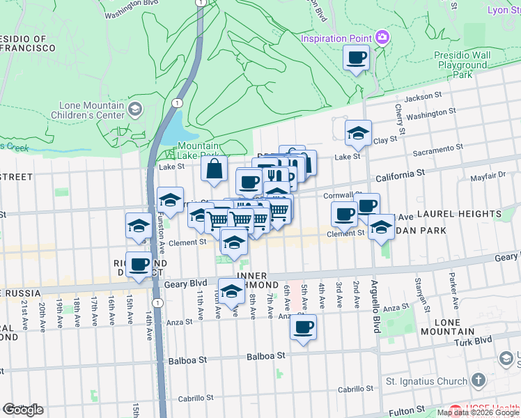 map of restaurants, bars, coffee shops, grocery stores, and more near 4508 California Street in San Francisco