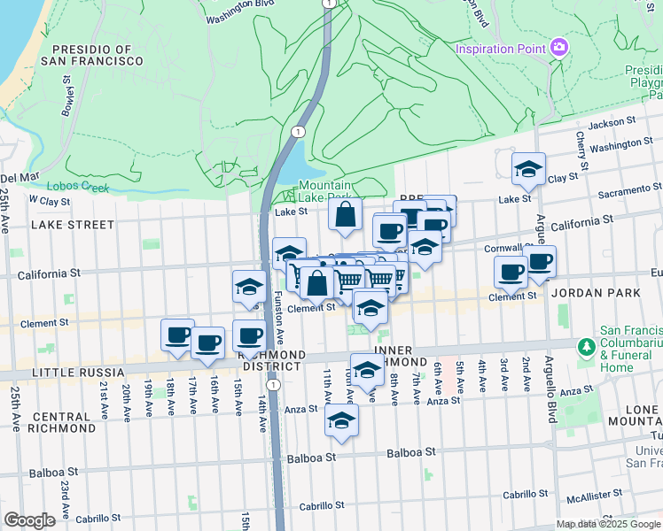 map of restaurants, bars, coffee shops, grocery stores, and more near 183 10th Avenue in San Francisco
