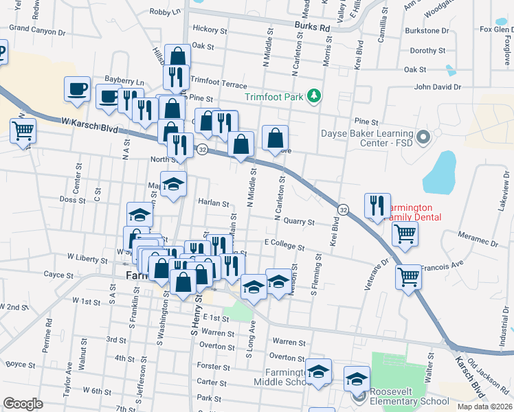 map of restaurants, bars, coffee shops, grocery stores, and more near 506 North Middle Street in Farmington