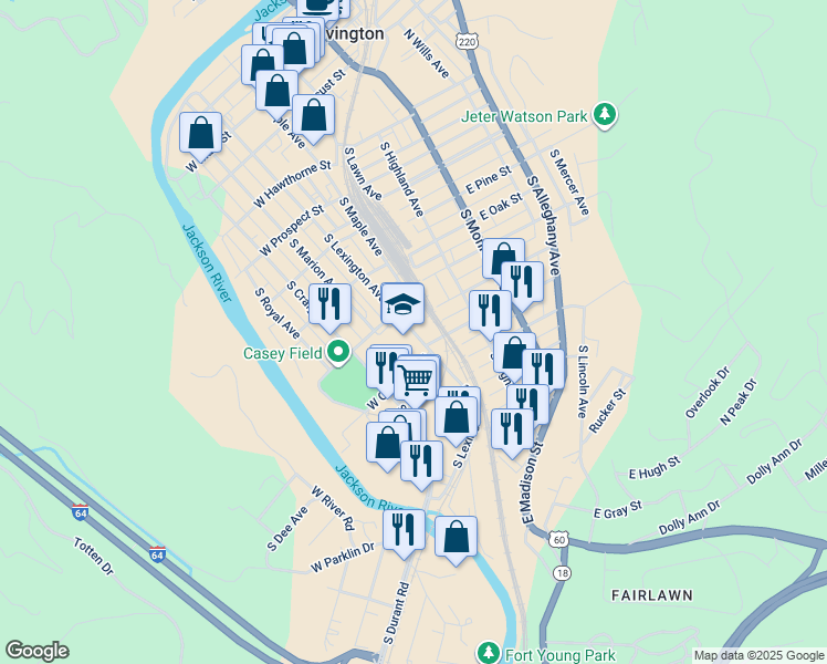 map of restaurants, bars, coffee shops, grocery stores, and more near 660 South Lexington Avenue in Covington