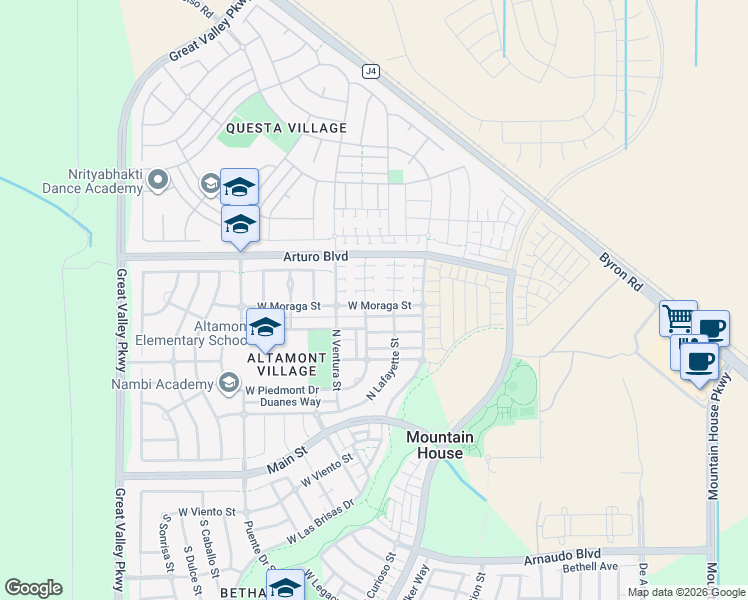 map of restaurants, bars, coffee shops, grocery stores, and more near 451 North Orinda Court in Tracy