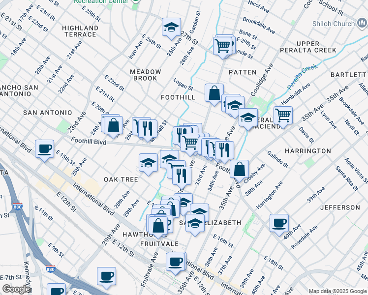 map of restaurants, bars, coffee shops, grocery stores, and more near 3007 East 22nd Street in Oakland