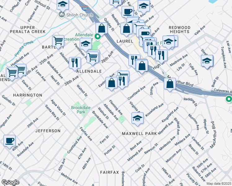 map of restaurants, bars, coffee shops, grocery stores, and more near High Street & Penniman Avenue in Oakland