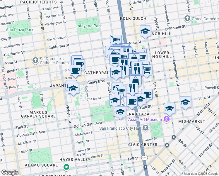 map of restaurants, bars, coffee shops, grocery stores, and more near 1201 Gough Street in San Francisco