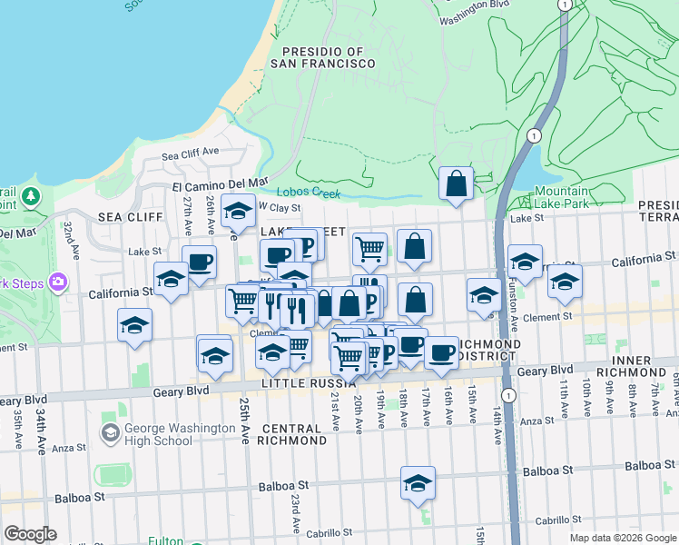 map of restaurants, bars, coffee shops, grocery stores, and more near 160 20th Avenue in San Francisco