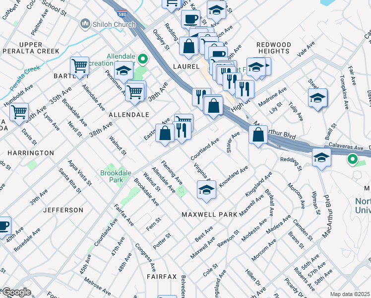 map of restaurants, bars, coffee shops, grocery stores, and more near 4316 Virginia Avenue in Oakland