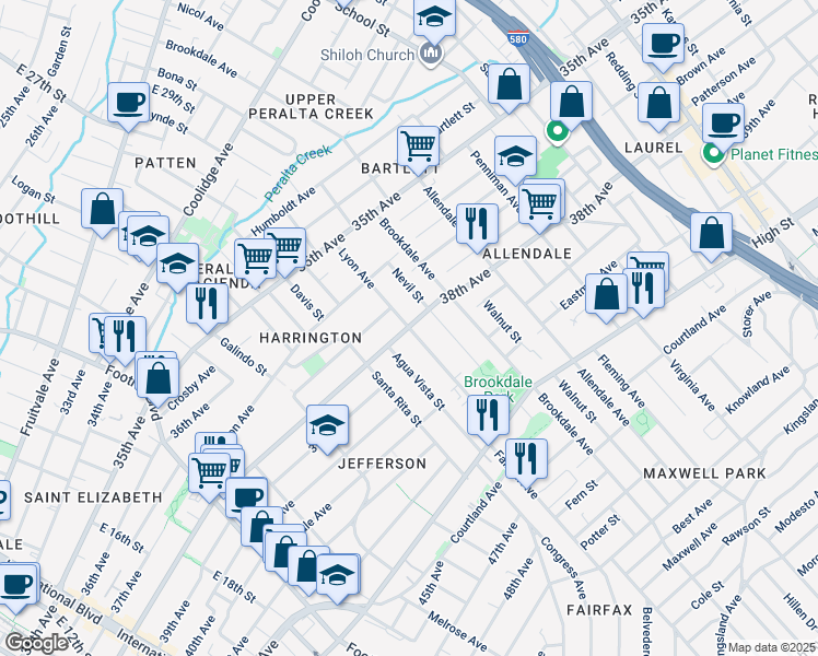 map of restaurants, bars, coffee shops, grocery stores, and more near 3801 Lyon Avenue in Oakland