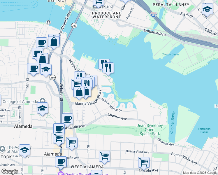 map of restaurants, bars, coffee shops, grocery stores, and more near in Alameda