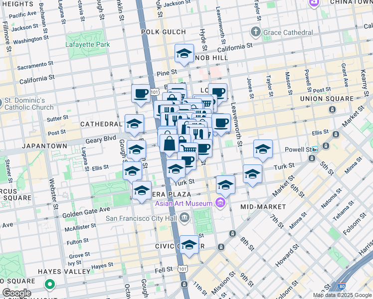 map of restaurants, bars, coffee shops, grocery stores, and more near 888 O'Farrell Street in San Francisco