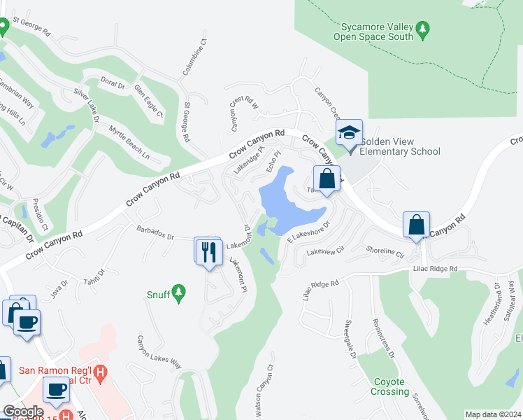 map of restaurants, bars, coffee shops, grocery stores, and more near 61 Eagle Lake Lane in San Ramon