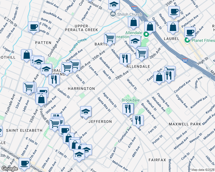 map of restaurants, bars, coffee shops, grocery stores, and more near 3704 Lyon Avenue in Oakland
