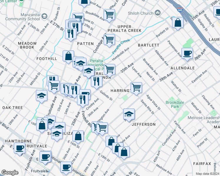 map of restaurants, bars, coffee shops, grocery stores, and more near 2201 35th Avenue in Oakland