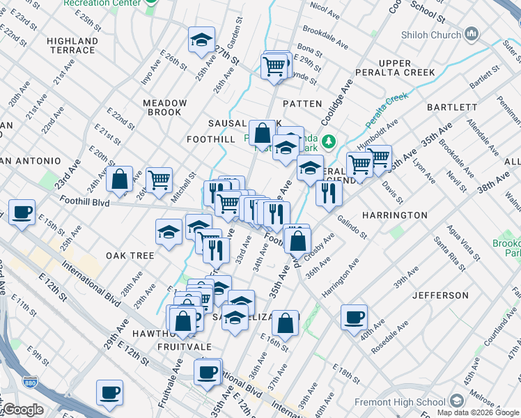 map of restaurants, bars, coffee shops, grocery stores, and more near 3235 East 23rd Street in Oakland