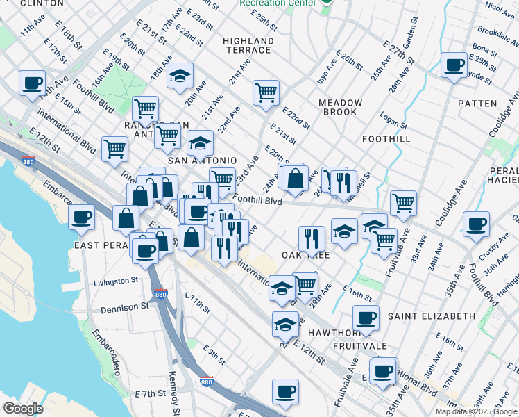 map of restaurants, bars, coffee shops, grocery stores, and more near 1704 24th Avenue in Oakland