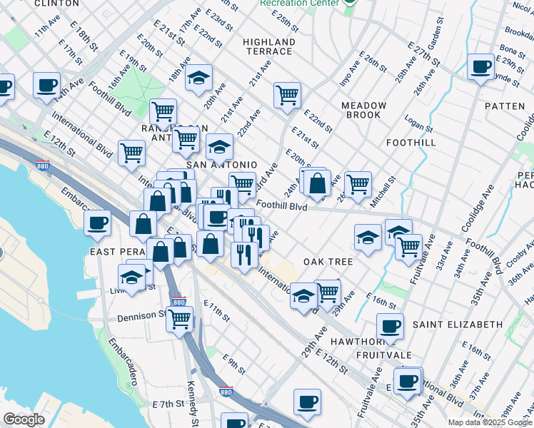 map of restaurants, bars, coffee shops, grocery stores, and more near 2324 Foothill Boulevard in Oakland