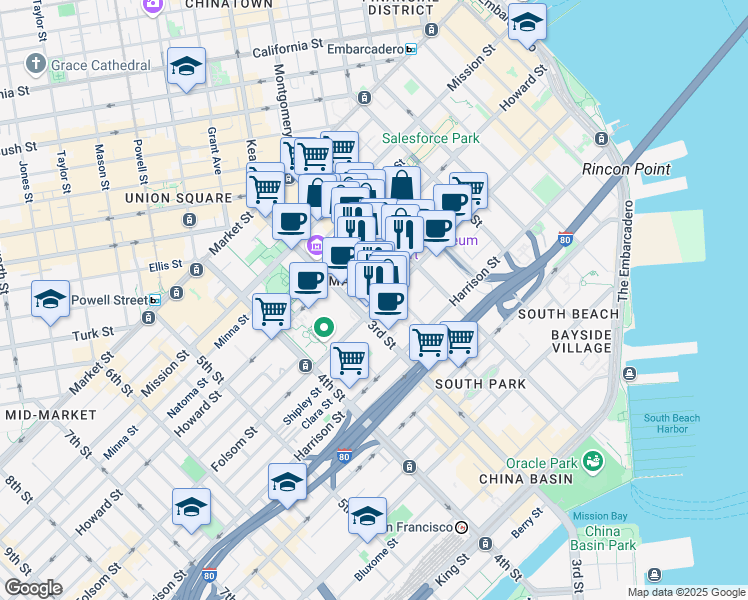 map of restaurants, bars, coffee shops, grocery stores, and more near 50 Hawthorne Street in San Francisco