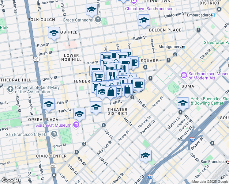 map of restaurants, bars, coffee shops, grocery stores, and more near 233 Ellis Street in San Francisco