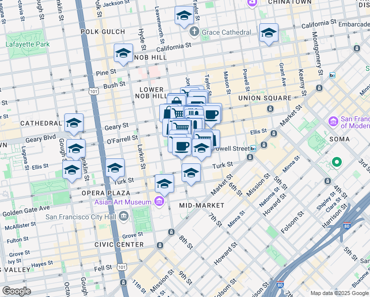 map of restaurants, bars, coffee shops, grocery stores, and more near 440 Ellis Street in San Francisco