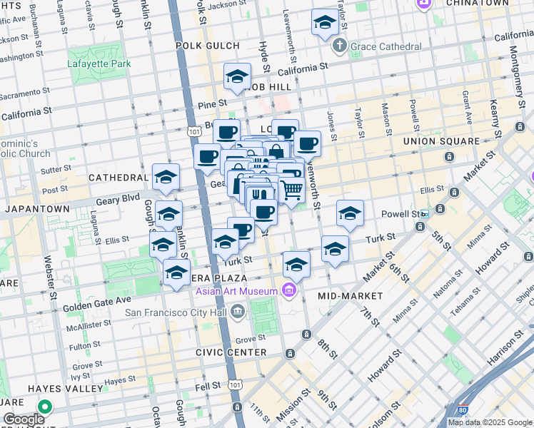 map of restaurants, bars, coffee shops, grocery stores, and more near 739 Larkin Street in San Francisco
