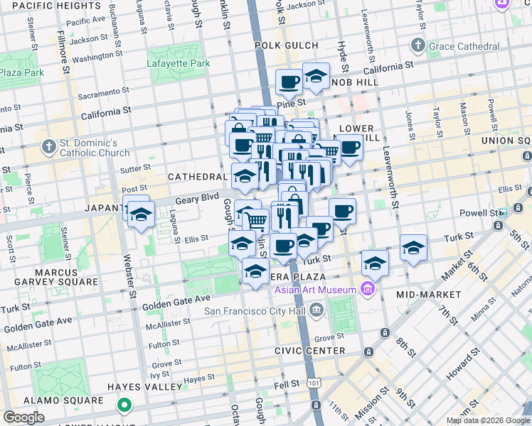 map of restaurants, bars, coffee shops, grocery stores, and more near 236 Myrtle Street in San Francisco