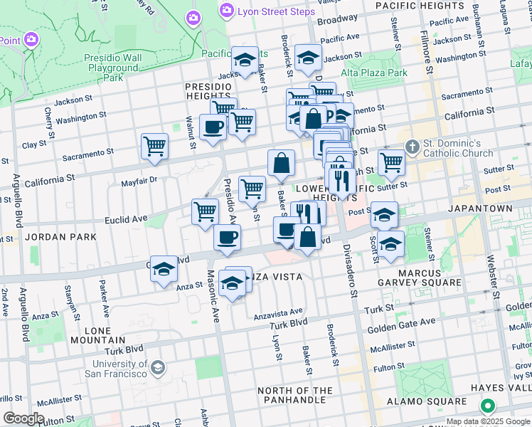 map of restaurants, bars, coffee shops, grocery stores, and more near 2608 Sutter Street in San Francisco