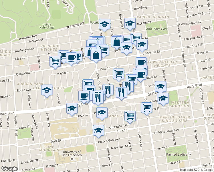 map of restaurants, bars, coffee shops, grocery stores, and more near in San Francisco