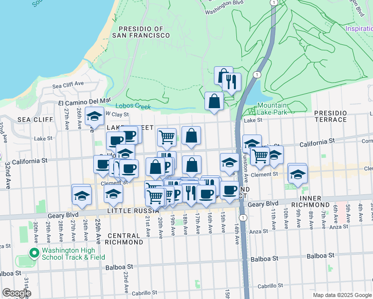 map of restaurants, bars, coffee shops, grocery stores, and more near 160 17th Avenue in San Francisco