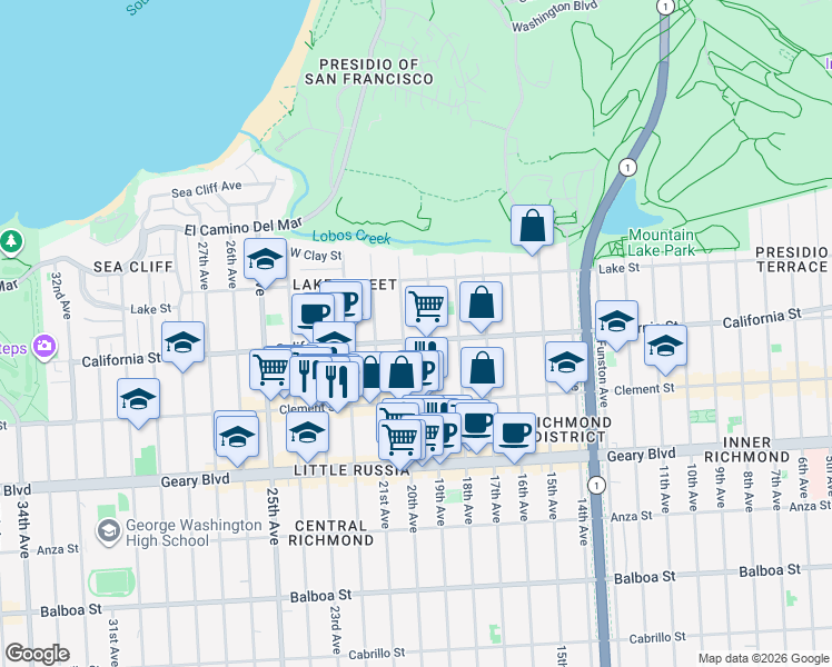 map of restaurants, bars, coffee shops, grocery stores, and more near 160 20th Avenue in San Francisco