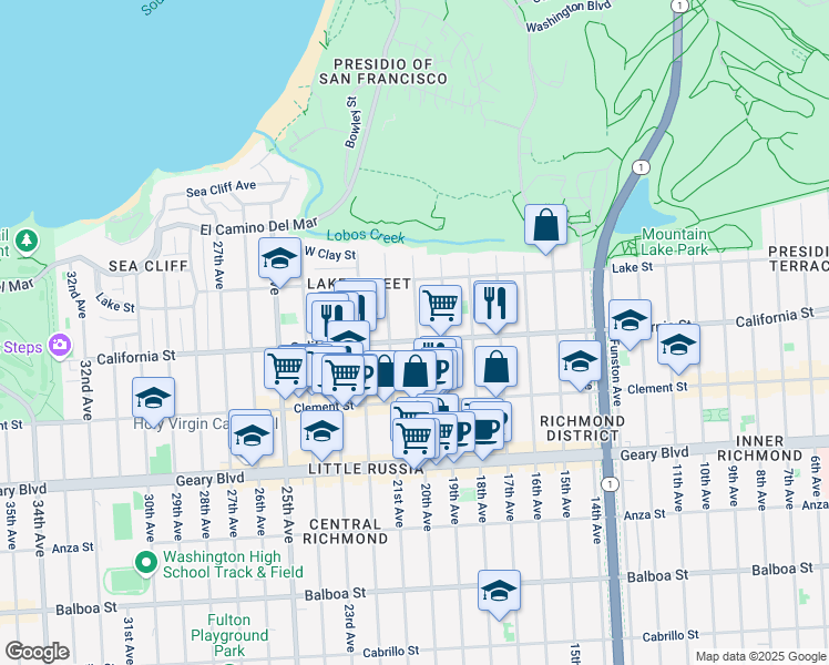 map of restaurants, bars, coffee shops, grocery stores, and more near 160 20th Avenue in San Francisco