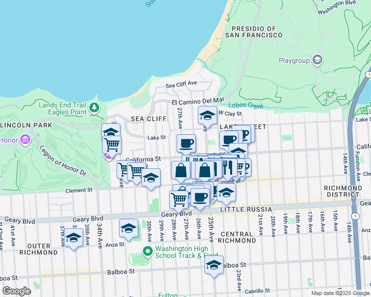map of restaurants, bars, coffee shops, grocery stores, and more near 234 27th Avenue in San Francisco