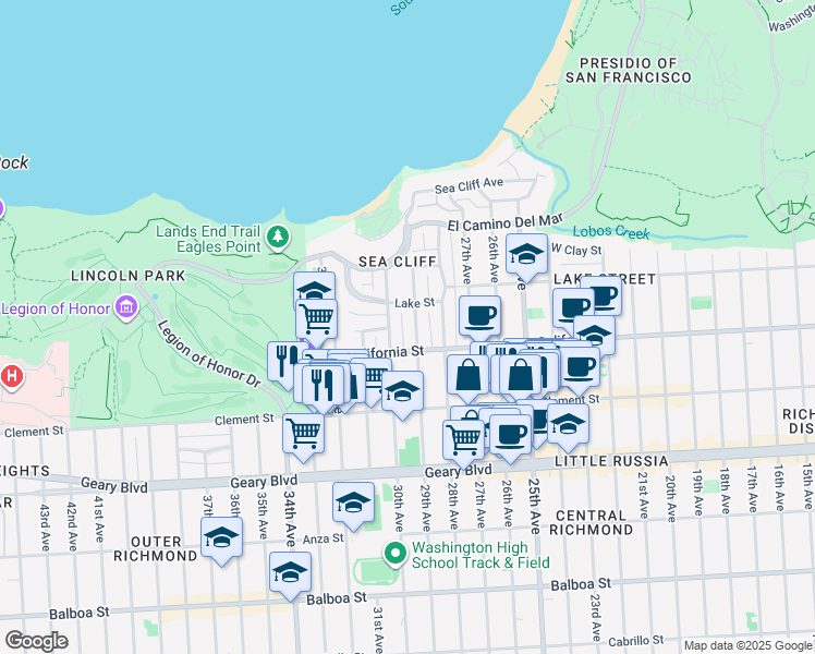 map of restaurants, bars, coffee shops, grocery stores, and more near 2825 Lake Street in San Francisco