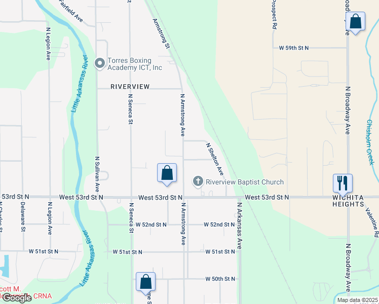 map of restaurants, bars, coffee shops, grocery stores, and more near 5603 Armstrong Street in Wichita