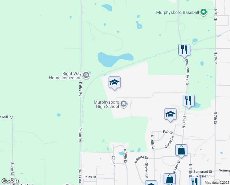 map of restaurants, bars, coffee shops, grocery stores, and more near 50 Blackwood Drive in Murphysboro