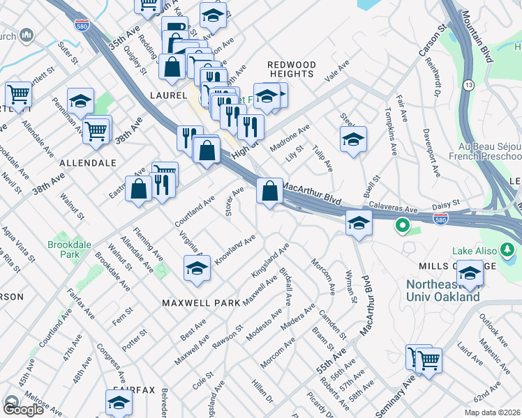 map of restaurants, bars, coffee shops, grocery stores, and more near 3436 Birdsall Avenue in Oakland