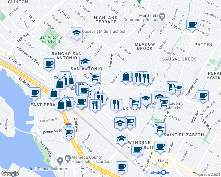 map of restaurants, bars, coffee shops, grocery stores, and more near 1704 24th Avenue in Oakland