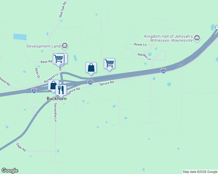 map of restaurants, bars, coffee shops, grocery stores, and more near 22818 Spruce Road in Waynesville