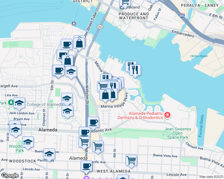 map of restaurants, bars, coffee shops, grocery stores, and more near 1001 Marina Village Pkwy in Alameda