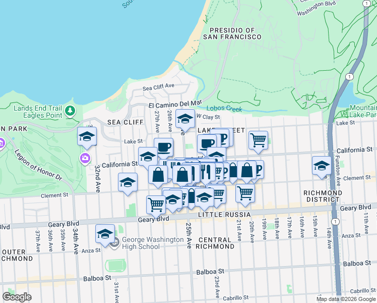 map of restaurants, bars, coffee shops, grocery stores, and more near 240 24th Avenue in San Francisco