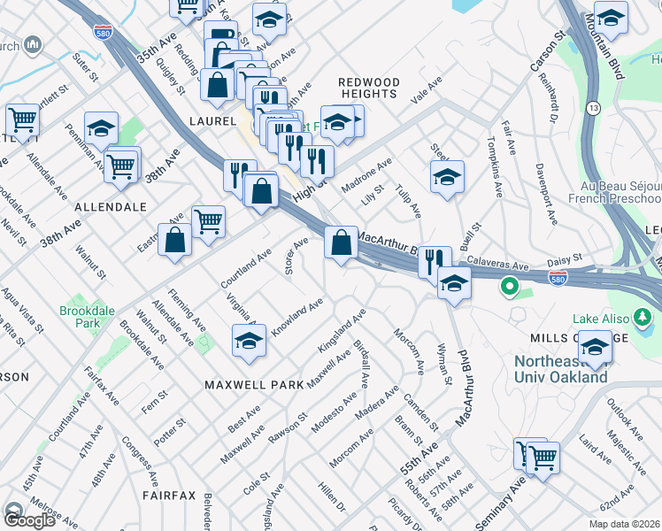 map of restaurants, bars, coffee shops, grocery stores, and more near 3436 Birdsall Avenue in Oakland